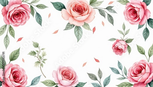 Delicate watercolor roses & leaves, repeating pattern, surface pattern, bud, red