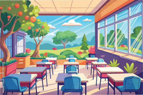 Bright classroom with orange trees and a scenic view of mountains and greenery, designed in a colorful vector illustration style