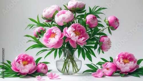 Wallpaper Mural Isolated pink peonies with leaves on a white surface Torontodigital.ca