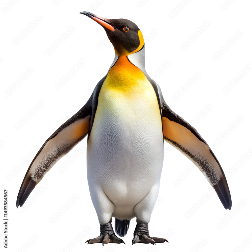 Fototapeta premium A king penguin with vibrant yellow plumage stands with its wings slightly outstretched, looking upwards