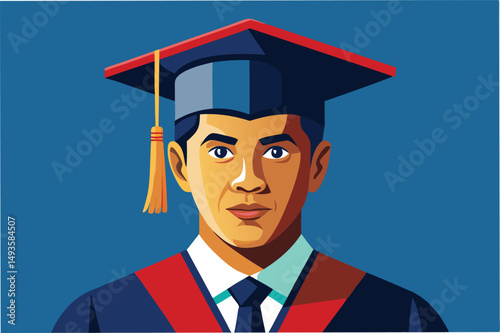 Vector illustration of a male graduate wearing a cap and gown with a proud expression against a blue background