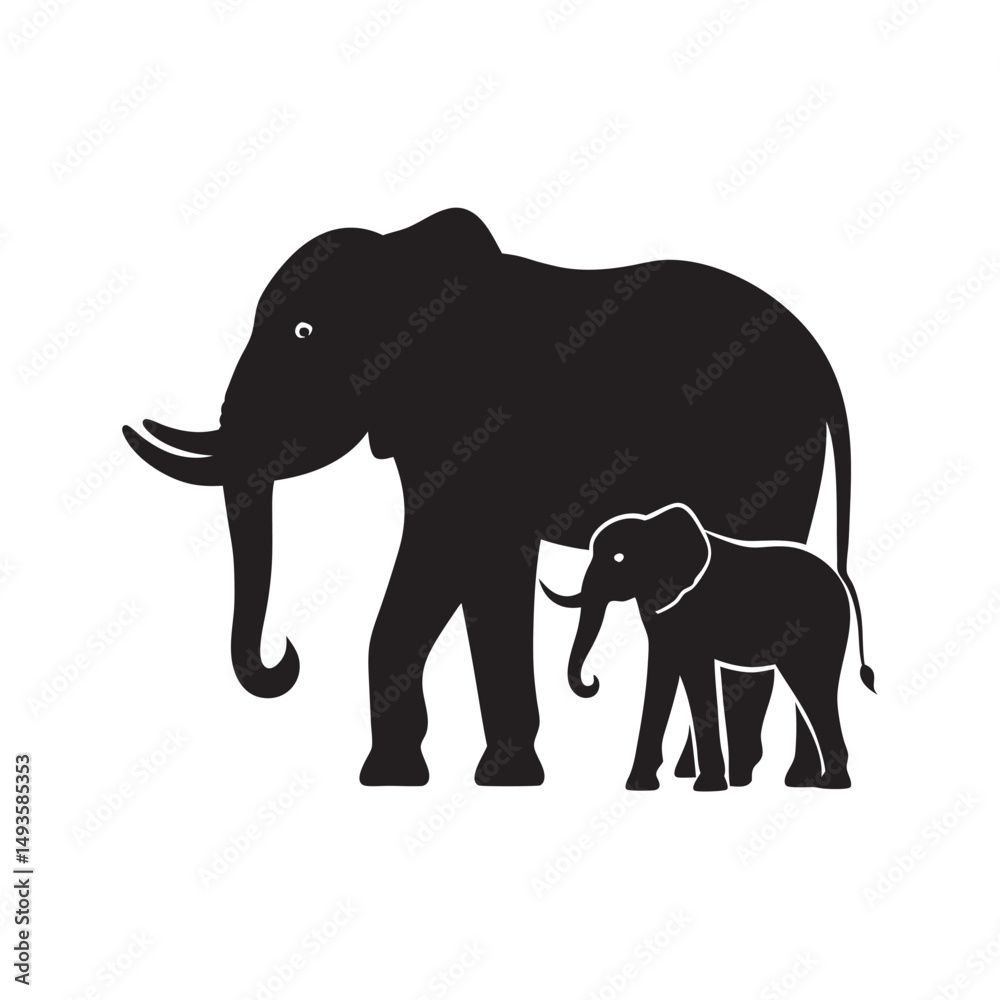 Fototapeta premium Elephant Mother Walking With Calf Silhouette