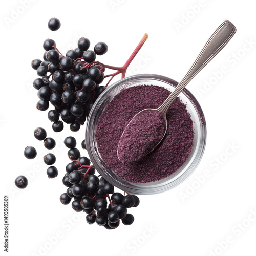 Elderberry powder in a small glass bowl with a spoon isolated on transparent background (4)