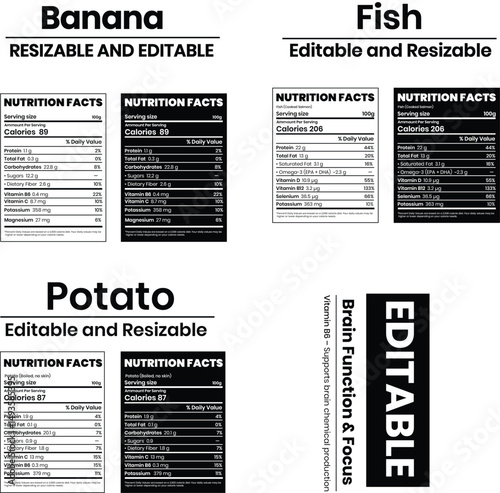Nutrition Facts of Banana, Potato, Fish, Nutrition Level, Supplement Fact, Supplement Level Isolated on White and Black Background