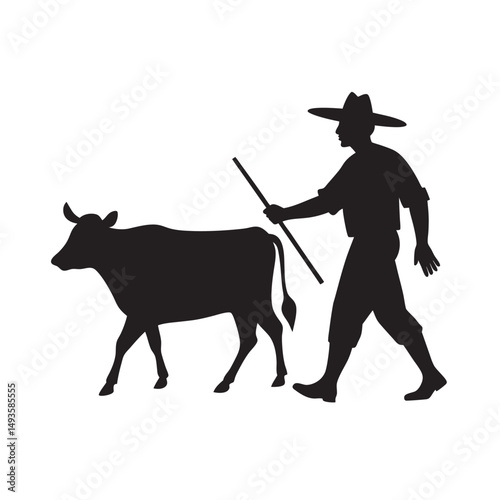 Farmer Leading Cow With Rope Silhouette
