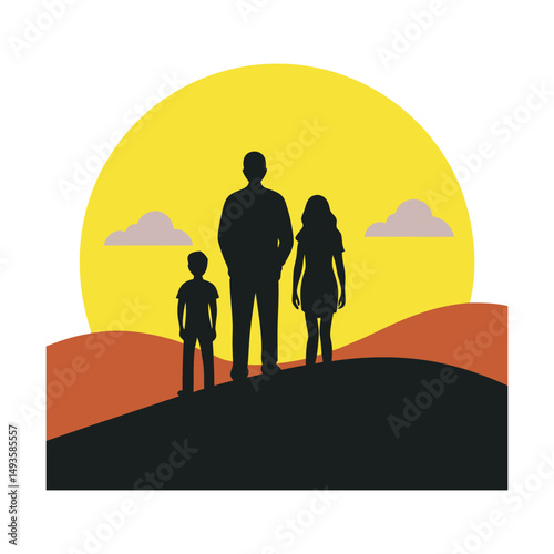 Happy Family Walking At Sunset Silhouette