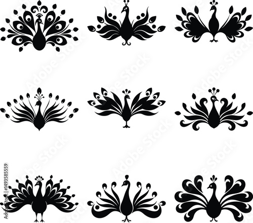 Different peacock designs in black color give a unique animal art impression on a white background