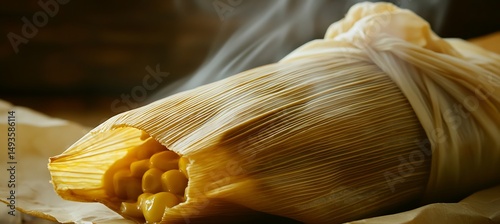 A steaming hot tamale wrapped in a corn husk