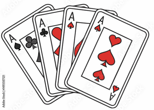 Digital Illustration of Playing Cards Featuring Poker Symbols, Casino Card Game Elements Including Ace, Spade, Heart, Diamond, and Club Suits, Vibrant and Detailed Digital Art
