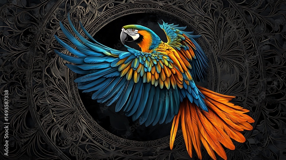 Obraz premium Vibrant parrot in flight against an ornate, dark background.