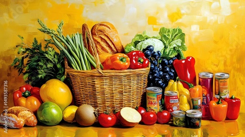 Colorful still life arrangement of fresh produce and foods.