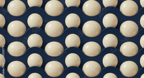 Seamless arrangement of round spheres in a dark blue wavy grid pattern background
