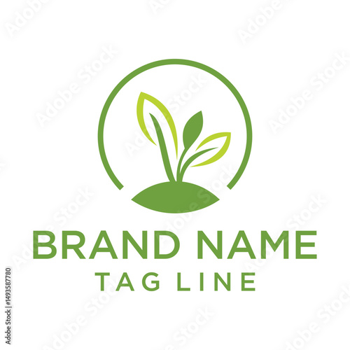 Abstract green logo featuring stylized leaves sprouting from the ground within a circle. Represents growth, nature, and new beginnings. Ideal for eco-friendly, organic, or wellness brands.