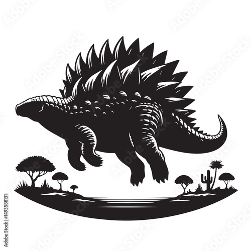 Black Color Ankylosaurus Silhouette Vector Illustration, Solid White Background. minimal vector design
