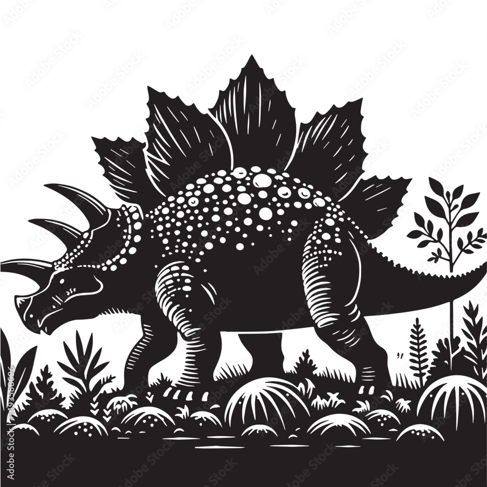 Fototapeta premium Black Color Ankylosaurus Silhouette Vector Illustration, Solid White Background. minimal vector design
