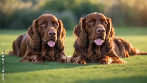 Two setters lounging on the lawn. The dogs comply with the lie down command. Adult dogs with tongues dangling out. Setter in front of a green scene.