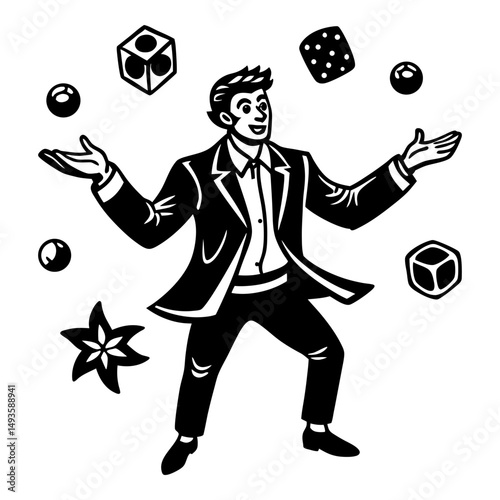 A Juggler Performing with Balls and Dice in a Retro Style