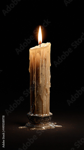 A tall candle burns brightly, wax dripping down its side, against a dark background.