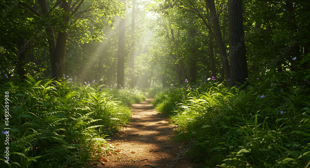 Obraz premium Sunlight path through lush forest