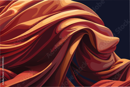 Flowing fabric draped in elegant folds creates a dynamic and textured visual composition with rich hues of orange and red against a dark background