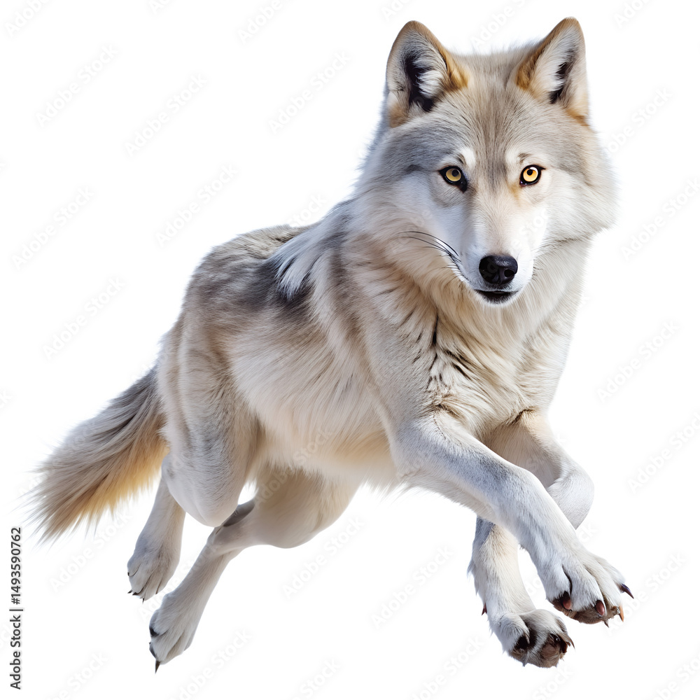 Fototapeta premium A light-colored wolf with yellow eyes is captured mid-leap