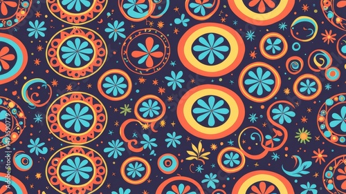 Colorful Retro Floral Pattern – Psychedelic 60s and 70s Style Vector Background with Flowers, Stars, and Rainbows