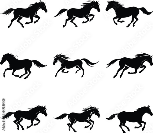Nine galloping horse silhouettes are presented in an artistic black against a plain background