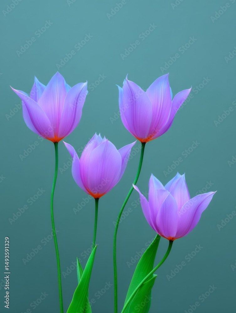 Obraz premium Four Delicate Lilac Tulips in Bloom Against a Textured Green Background