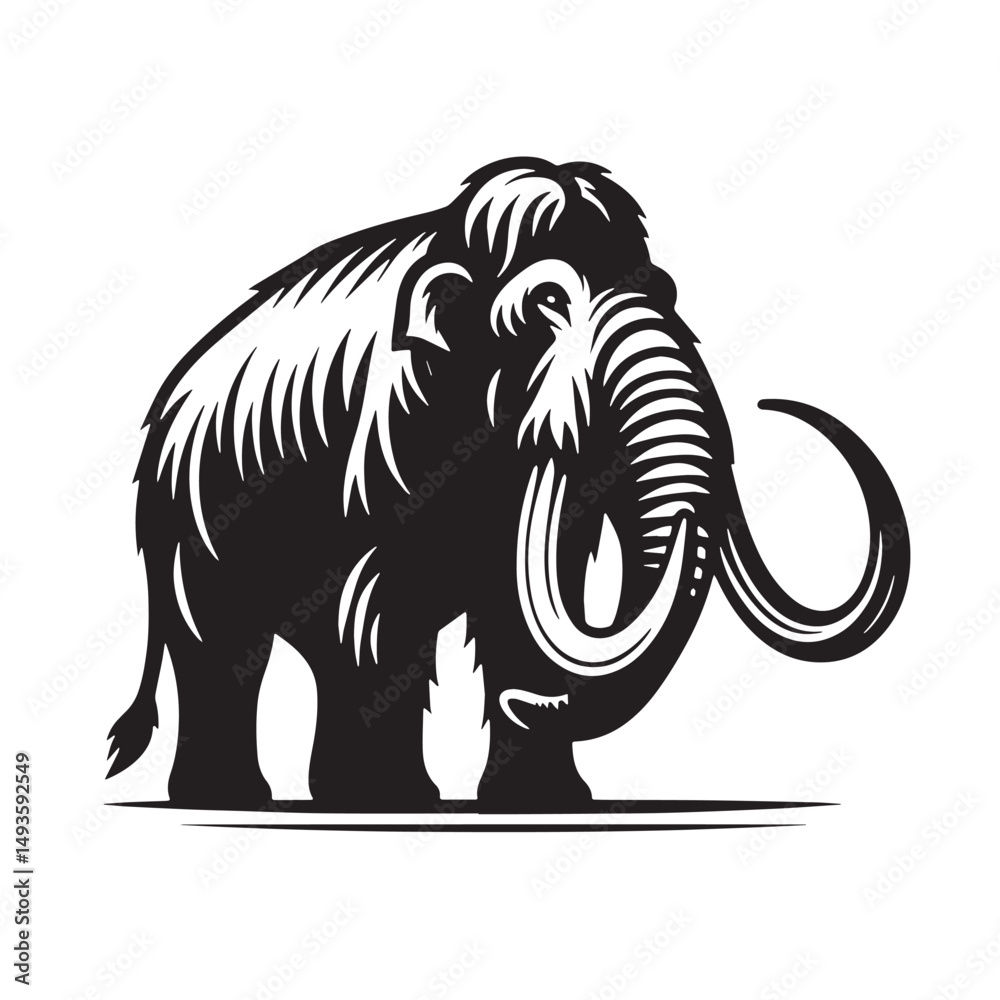 Obraz premium Black Color Mastodon Silhouette Vector Illustration, Solid White Background. minimal vector design