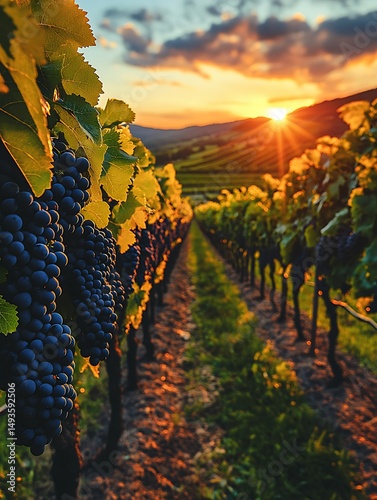 Vineyard at sunset. Lush grapes along rows