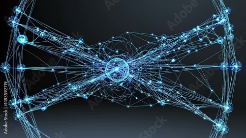 Glowing digital network spinning, displaying interconnected geometric patterns, pulsing core radiating vibrant light flares symbolizing technological advancement