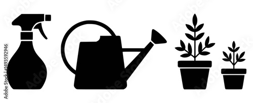 Gardening tools and potted plants silhouette icon set