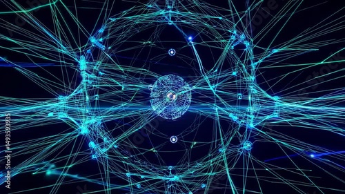 Complex network evolving, representing quantum computing, data flow, or global connections, on a black background