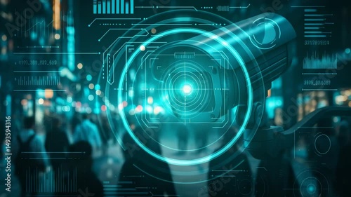 Futuristic surveillance camera with facial recognition and data interface in a smart city street, AI technology and security system