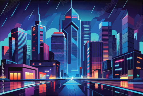 Vibrant vector illustration of a futuristic city skyline at night, showcasing colorful buildings and a rainy ambiance