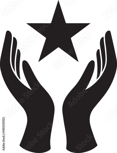 Divine hands gently holding a shining star, symbolizing hope, guidance, spirituality, and celestial energy in a clean silhouette vector.