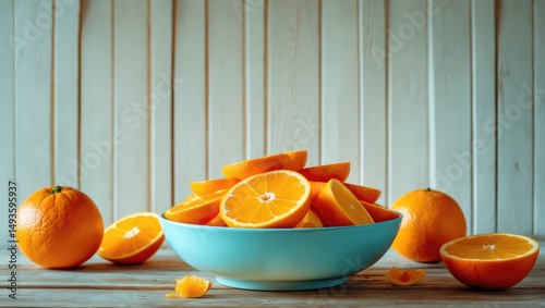 Bowl of Mandarin orange segments on a wooden table with an unsliced orange nearby