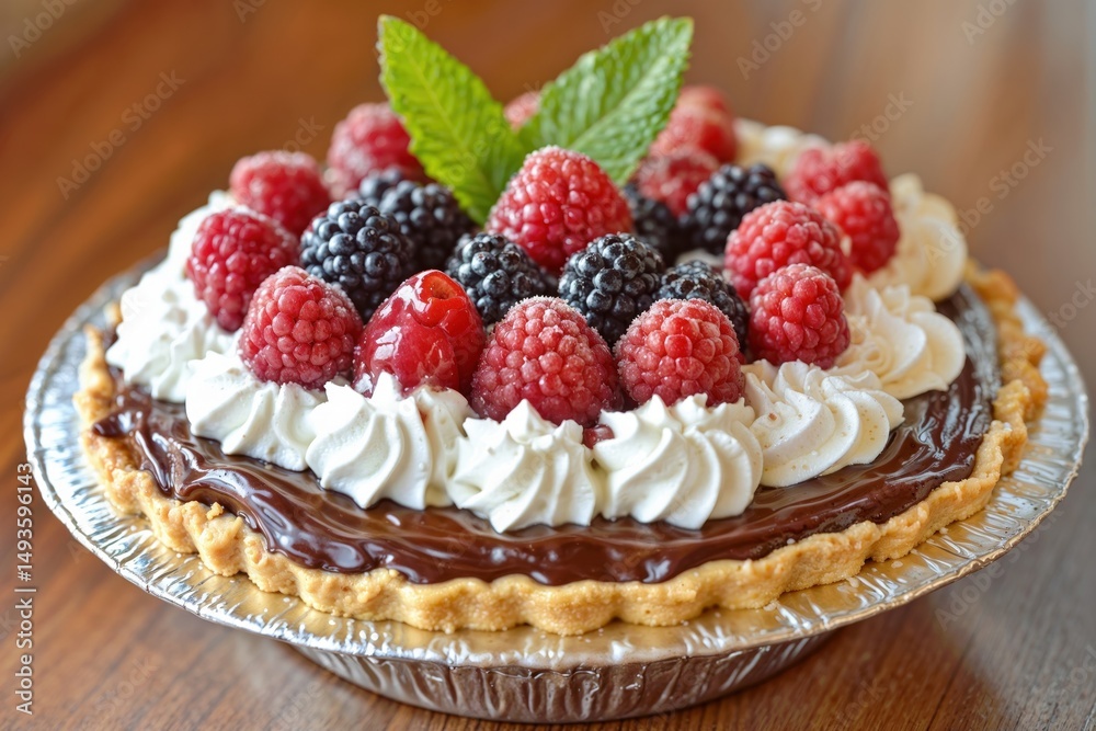 Berry chocolate tart with whipped cream and mint Berry chocolate tart with whipped cream and mint