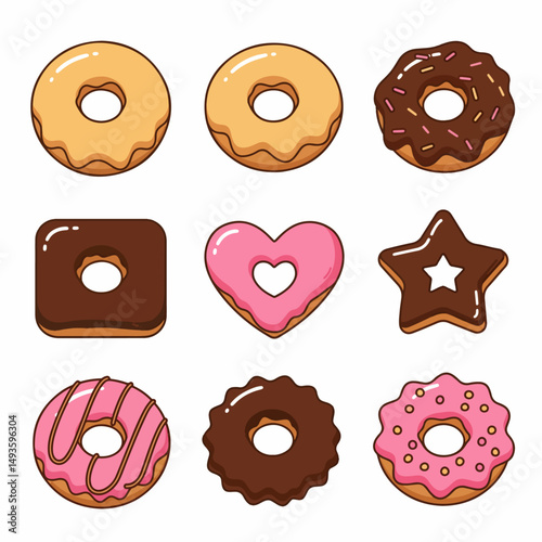 Assorted doughnuts with different shapes and toppings