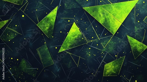 Vibrant green geometric shapes and lines on dark textured abstract background