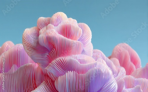 Vibrant abstract patterns with pastel colors create intricate three-dimensional floral designs against a clear sky blue backdrop