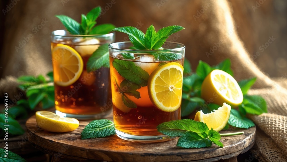 Fototapeta premium On a table, there's a glass filled with iced tea topped with mint and lemon.