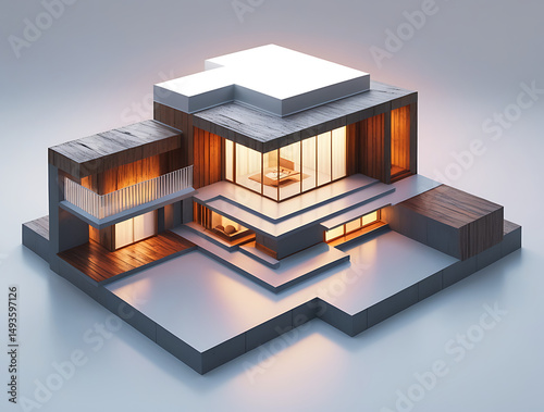 Elegant Japanese House with Balcony and Garden in Isometric 3D