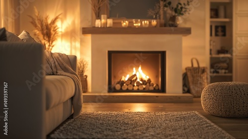 Cozy living room with fireplace and warm candlelight