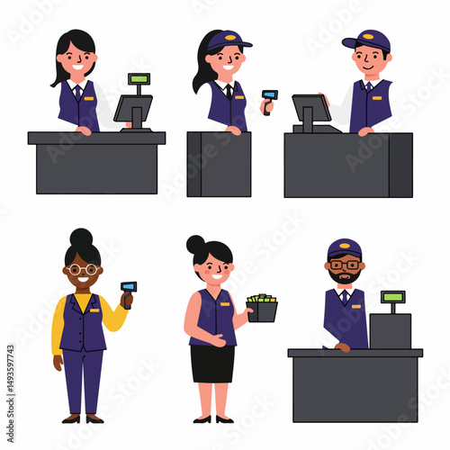 Checkout employees at store register, retail job