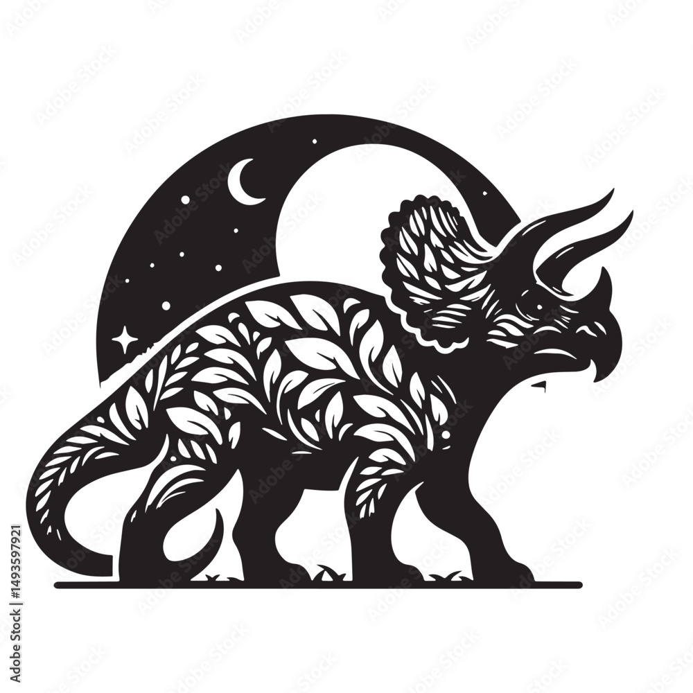 Obraz premium Black Color Triceratops Silhouette Vector Illustration, Solid White Background. minimal vector design