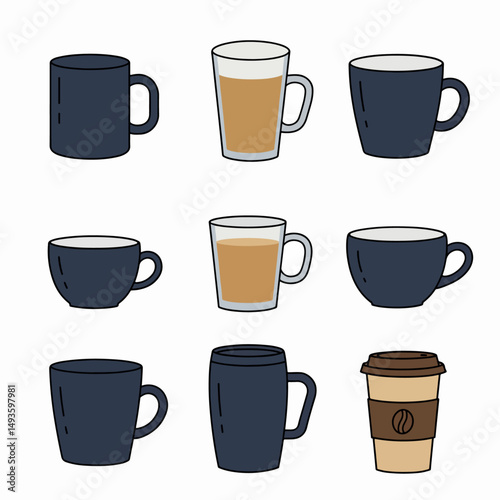 Coffee cups collection various styles and drinks