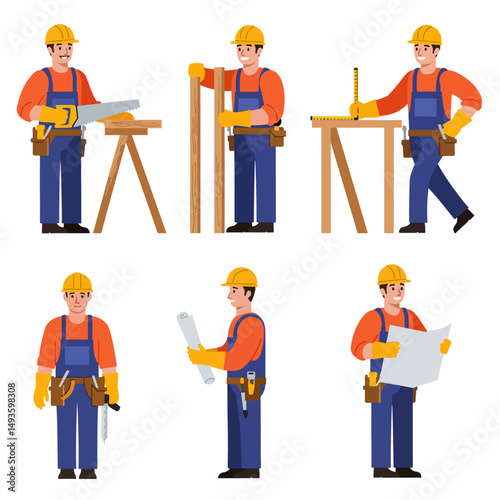 Construction worker handyman carpenter in different poses