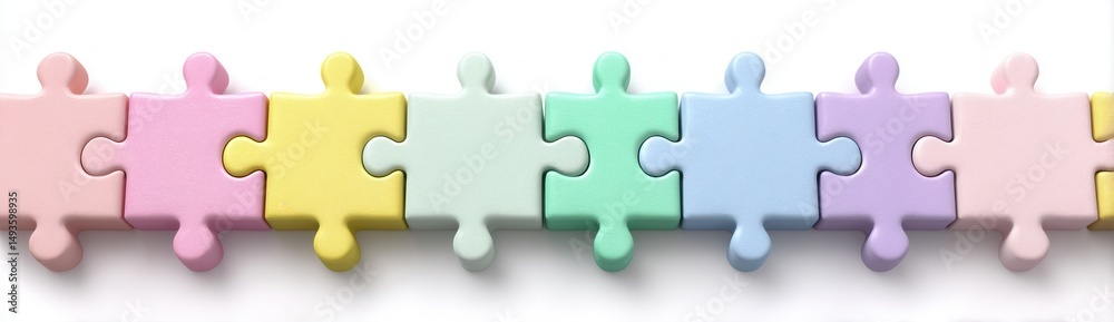 Fototapeta premium Colorful puzzle pieces connecting in harmony on a pristine white background with soft shadows for depth