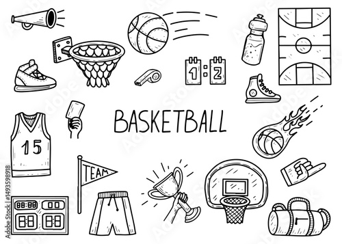 Basketball set. Hand drawn doodle illustration. Ball game equipment. Competition, match. Basket, uniform, scoreboard, winning. Throw in the hoop. Fan support. Vector line art collection of elements.